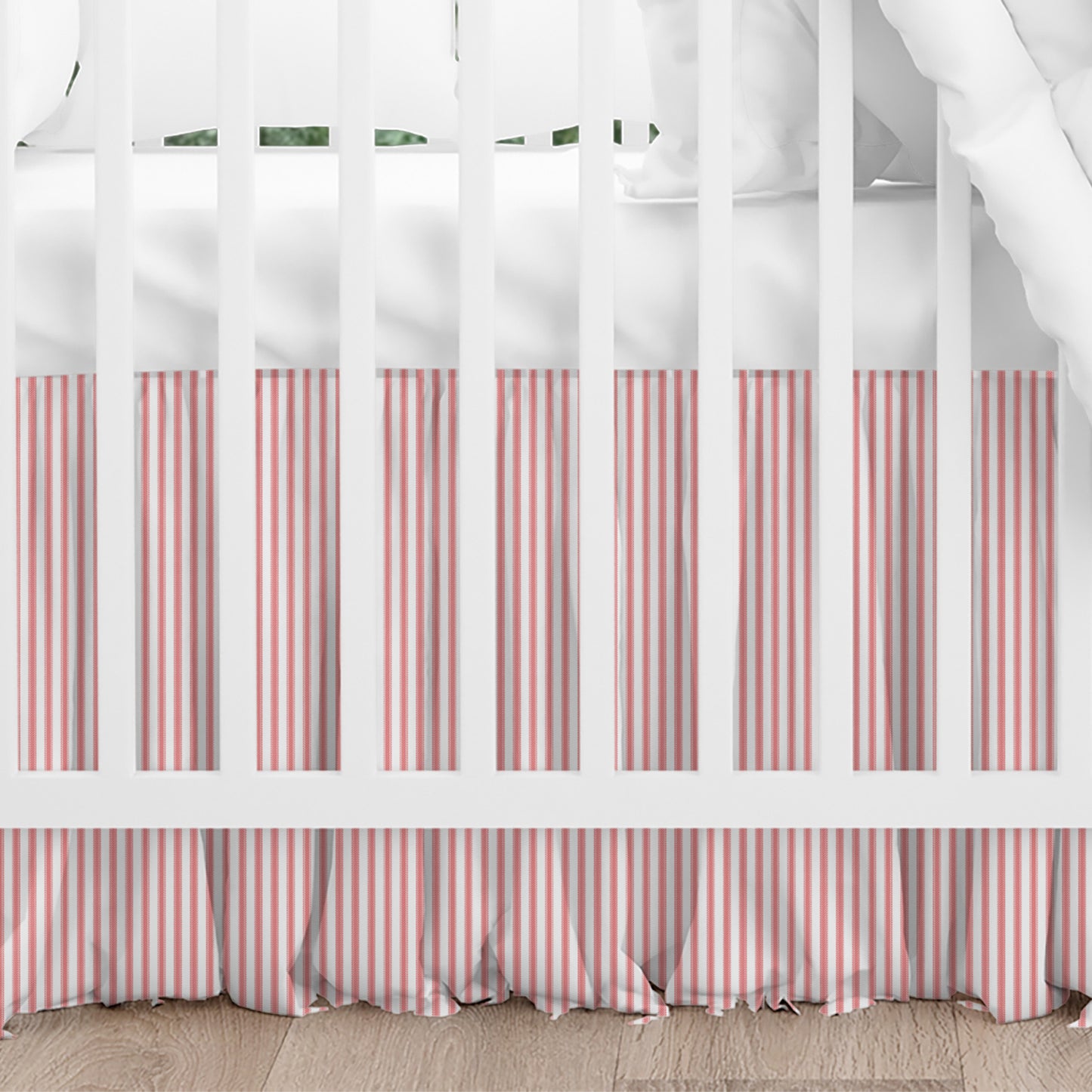 Gathered Crib Skirt in Classic Lipstick Red Ticking Stripe on White