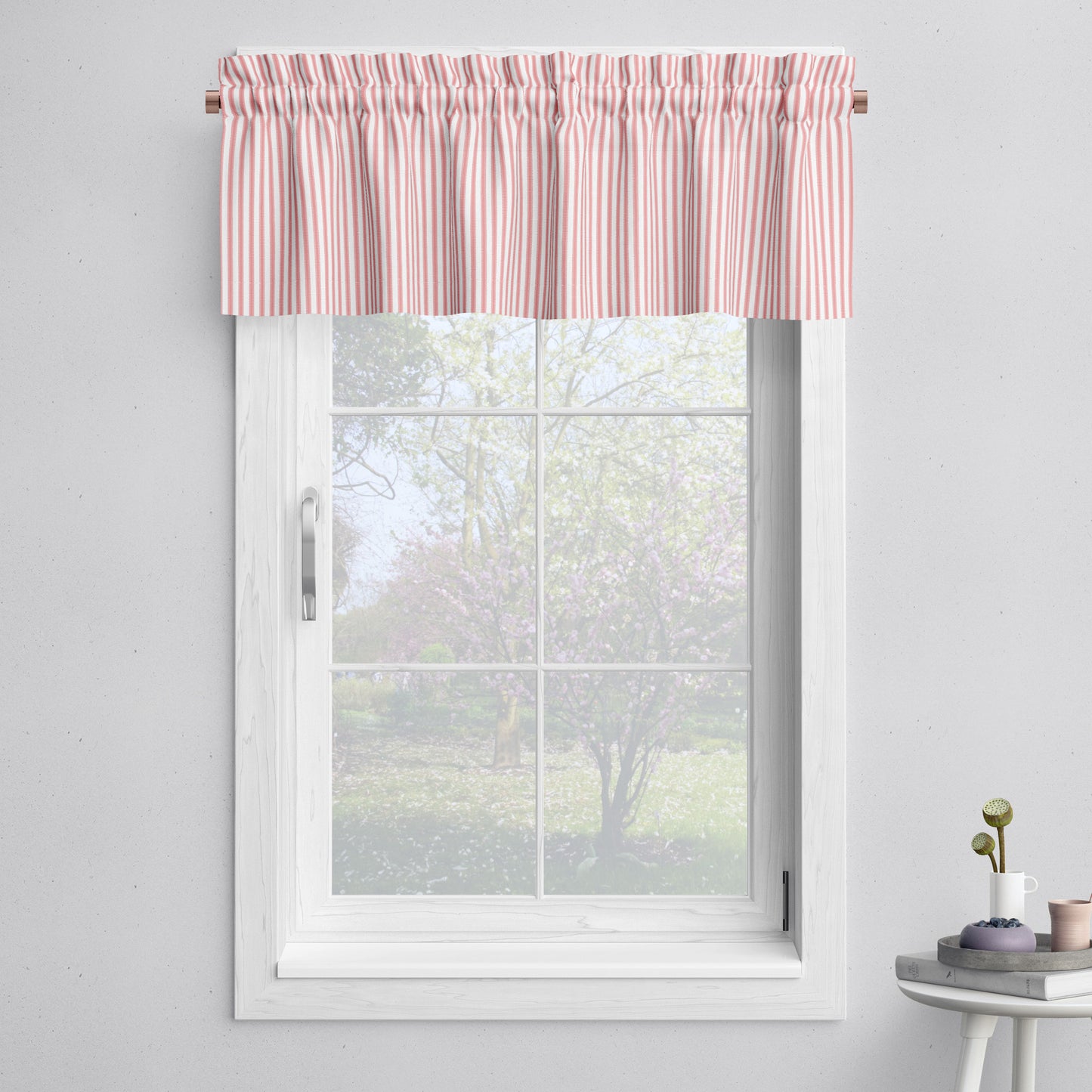 Tailored Valance in Classic Lipstick Red Ticking Stripe on White