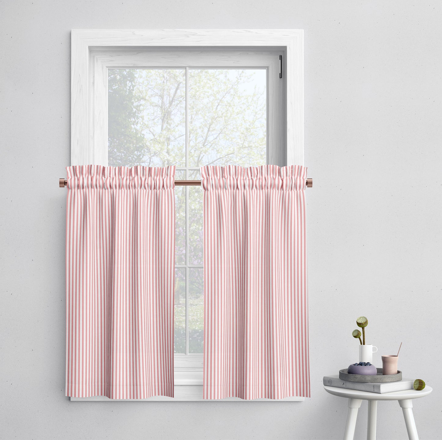 Tailored Tier Cafe Curtain Panels Pair in Classic Lipstick Red Ticking Stripe on White