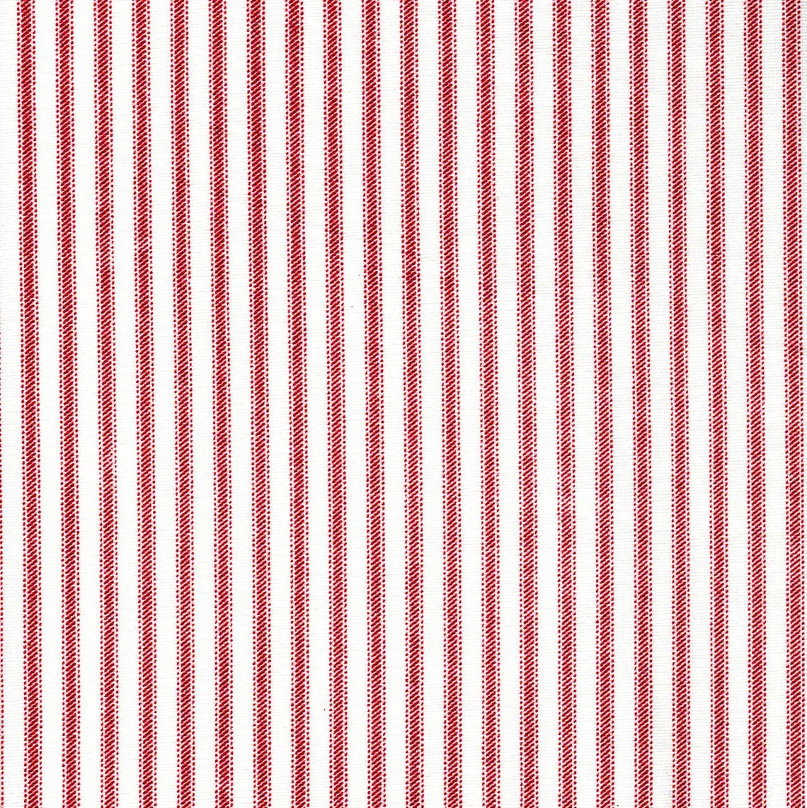 Gathered bedskirt in Classic Pompeian dark red ticking stripe on white, perfect for classic and rustic bedroom decor.