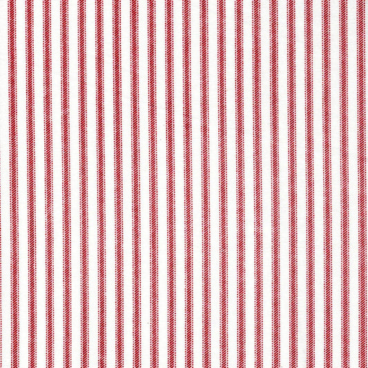 Gathered bedskirt in Classic Pompeian dark red ticking stripe on white, perfect for classic and rustic bedroom decor.