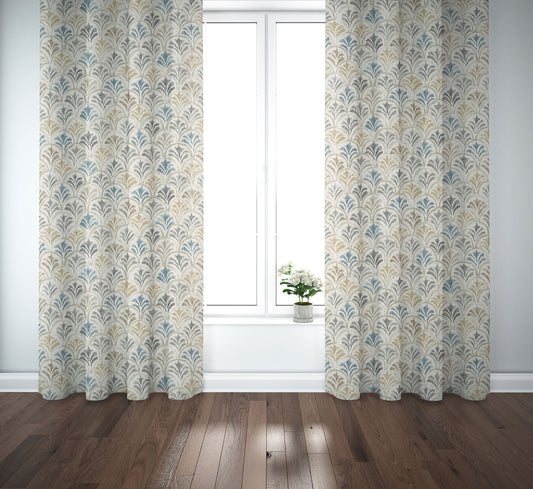 Pinch Pleated Curtain Panels Pair in Countess Harbor Blue Scallop Watercolor