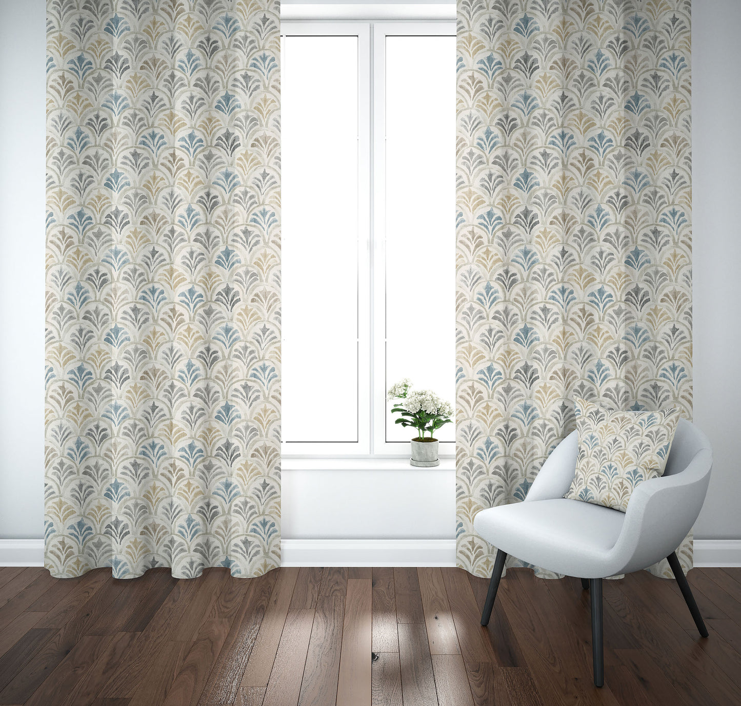 Tab Top Curtain Panels Pair in Countess Harbor Blue Scallop Watercolor