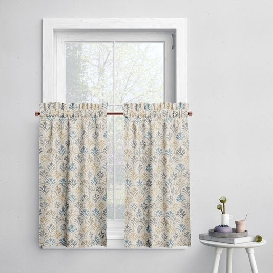 Tailored Tier Cafe Curtain Panels Pair in Countess Harbor Blue Scallop Watercolor