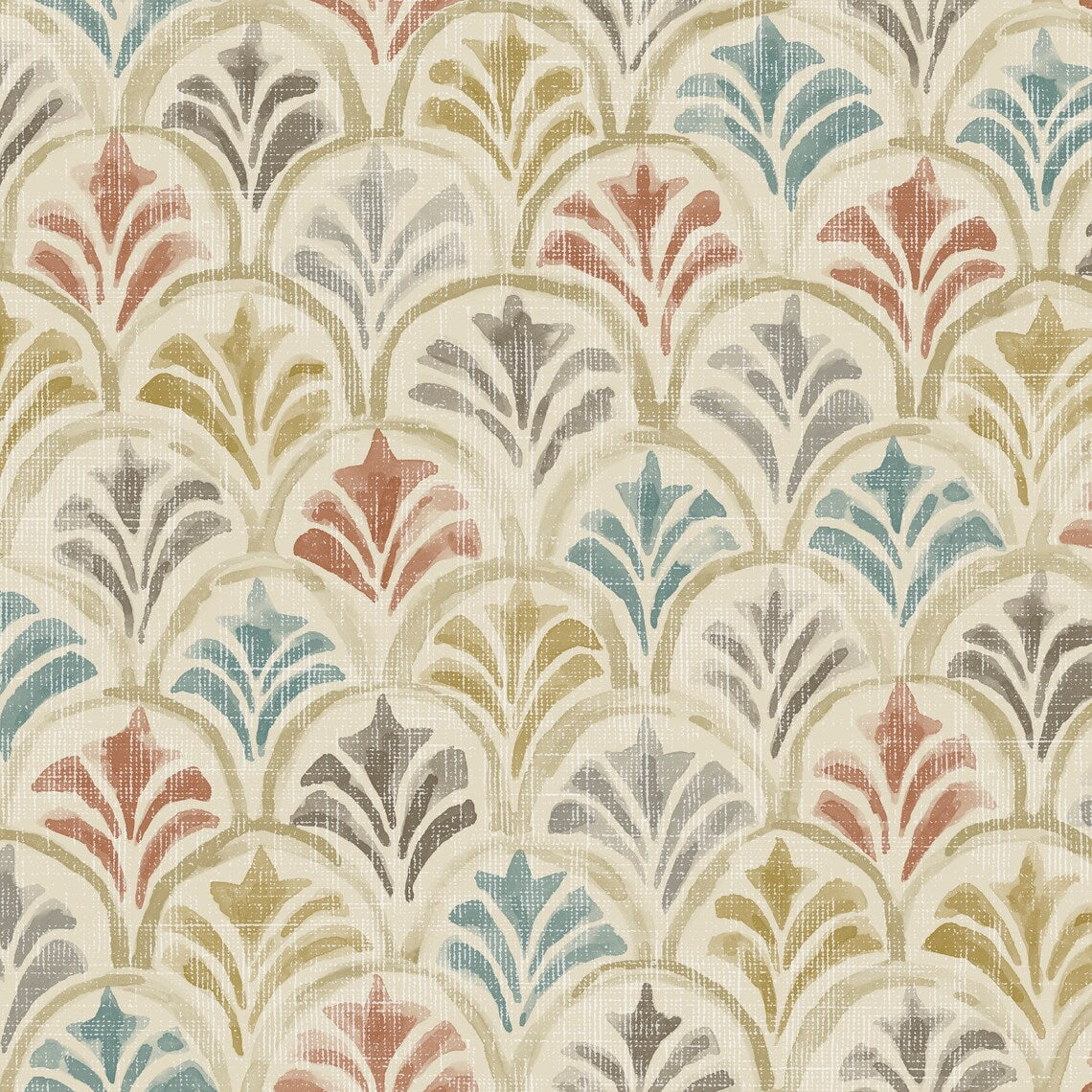 Back Tab Curtain Panels Pair in Countess Tuscan Scallop Watercolor- Blue, Terracotta, Gray, Tan