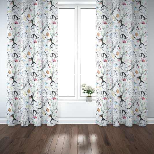 Pinch Pleated Curtain Panels Pair in Entangled, a Monkey & Bird Watercolor Floral Jungle