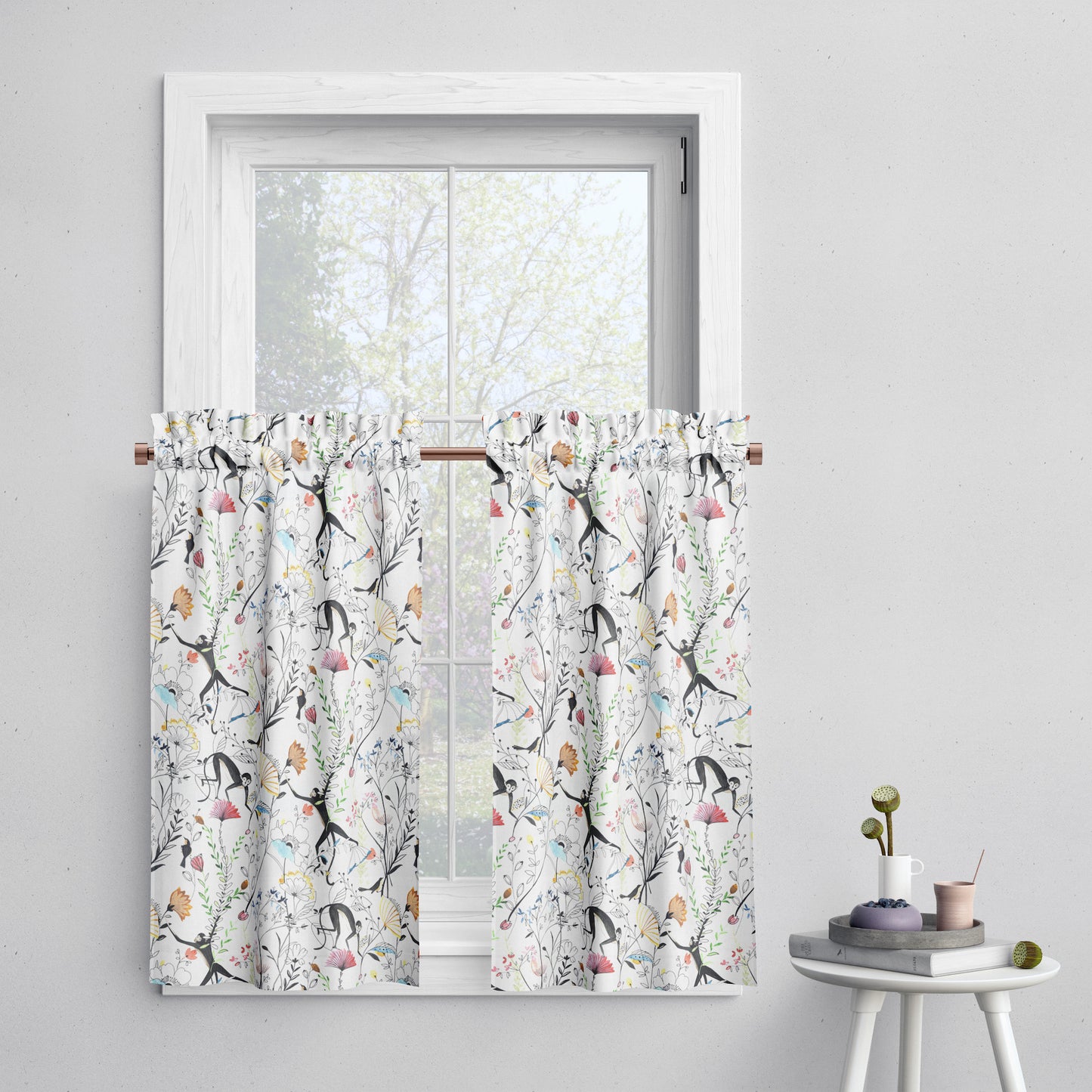 Tailored Tier Cafe Curtain Panels Pair in Entangled, a Monkey & Bird Watercolor Floral Jungle