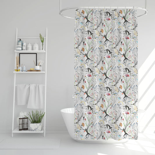 Shower Curtain in Entangled, a Monkey & Bird Watercolor Floral Jungle