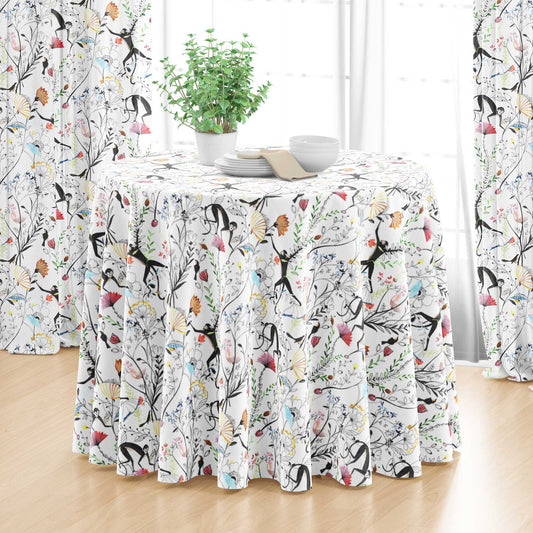 Round Tablecloth in Entangled, a Monkey & Bird Watercolor Floral Jungle