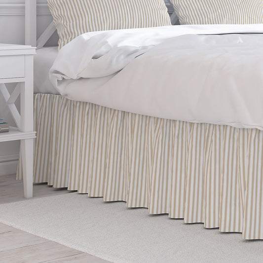 Gathered Bedskirt in Berlin Sand Beige Ticking Stripe