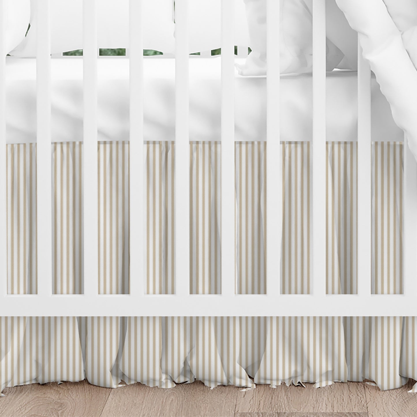 Gathered Crib Skirt in Berlin Sand Beige Ticking Stripe