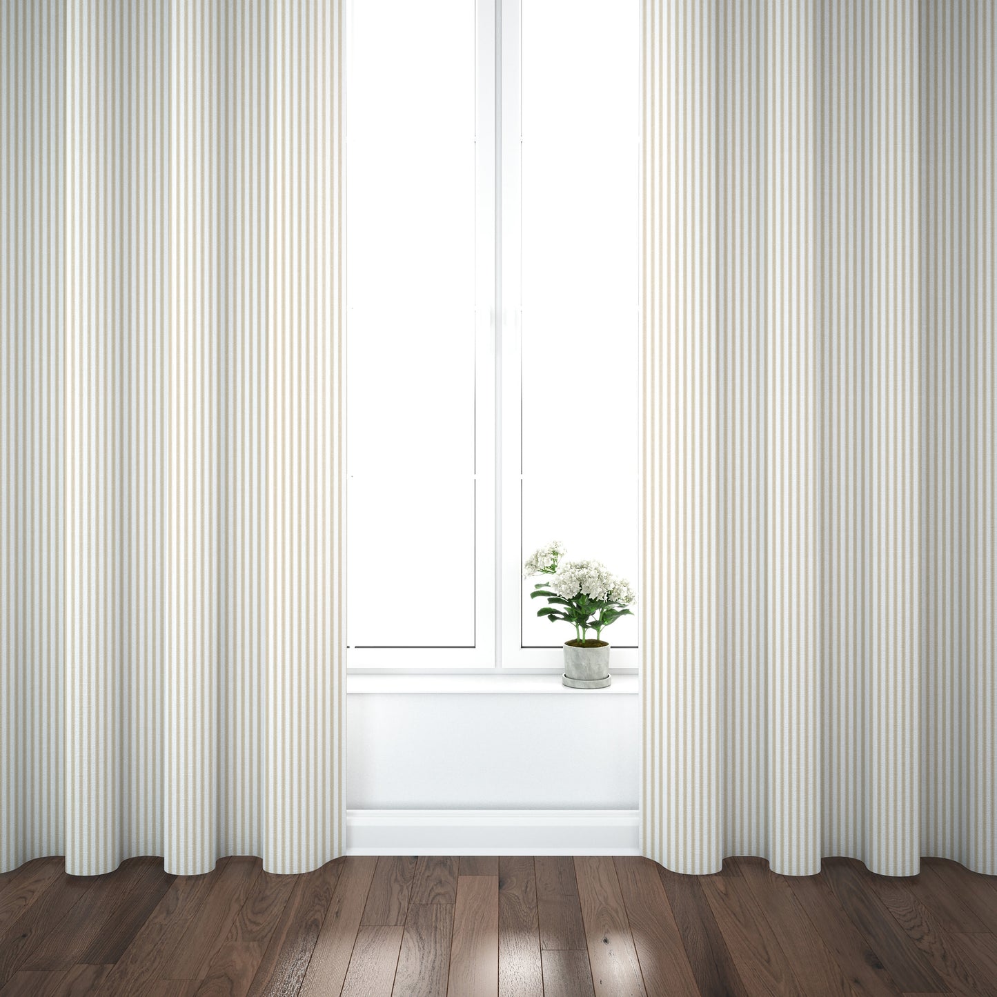 Pinch Pleated Curtains in Farmhouse Sand Beige Traditional Ticking Stripe