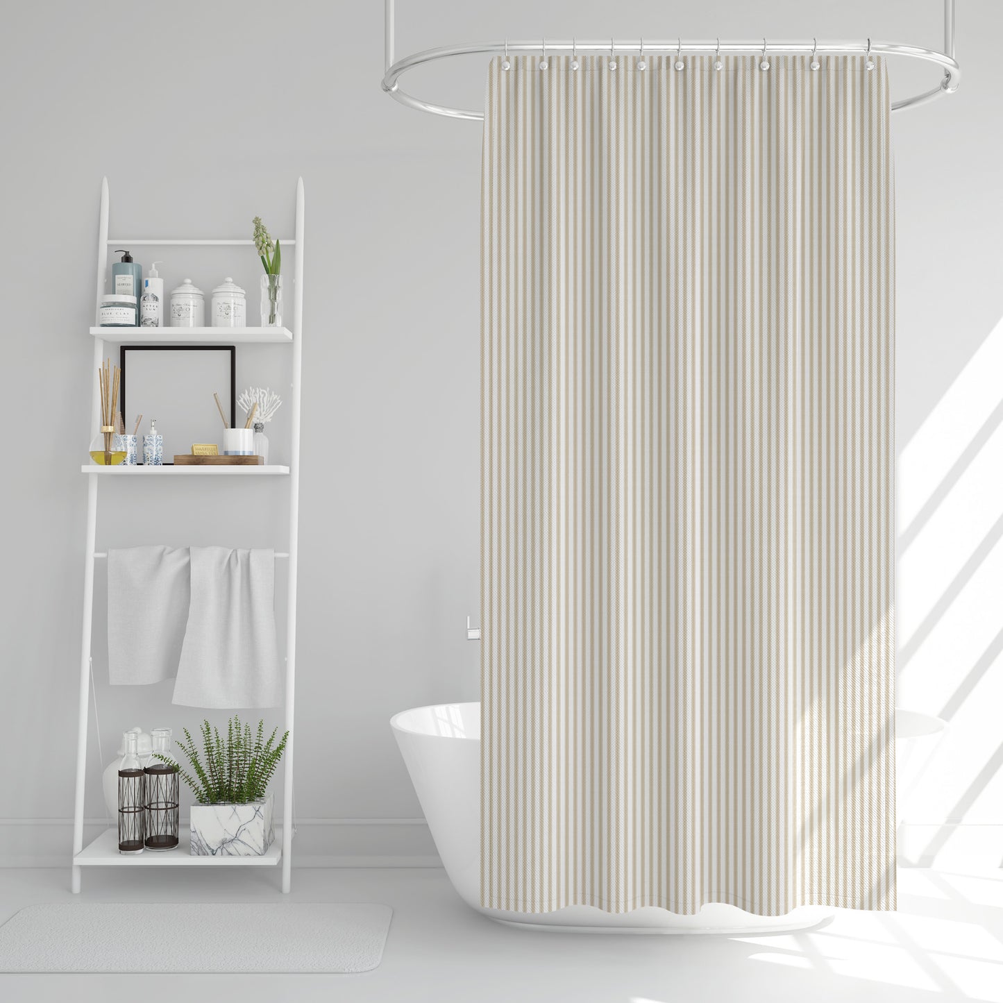 Shower Curtain in Berlin Sand Beige Ticking Stripe