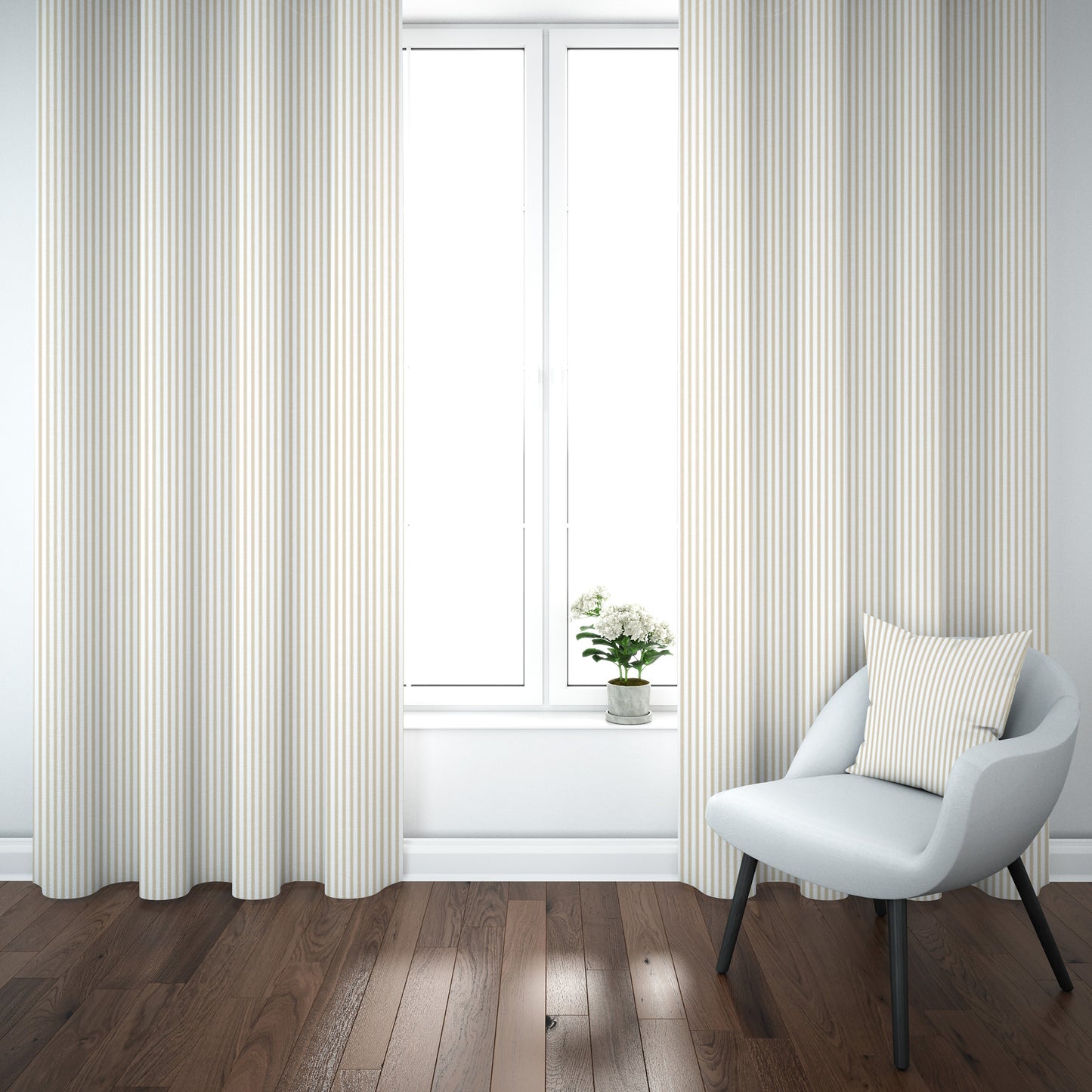 Tab Top Curtains in Farmhouse Sand Beige Traditional Ticking Stripe