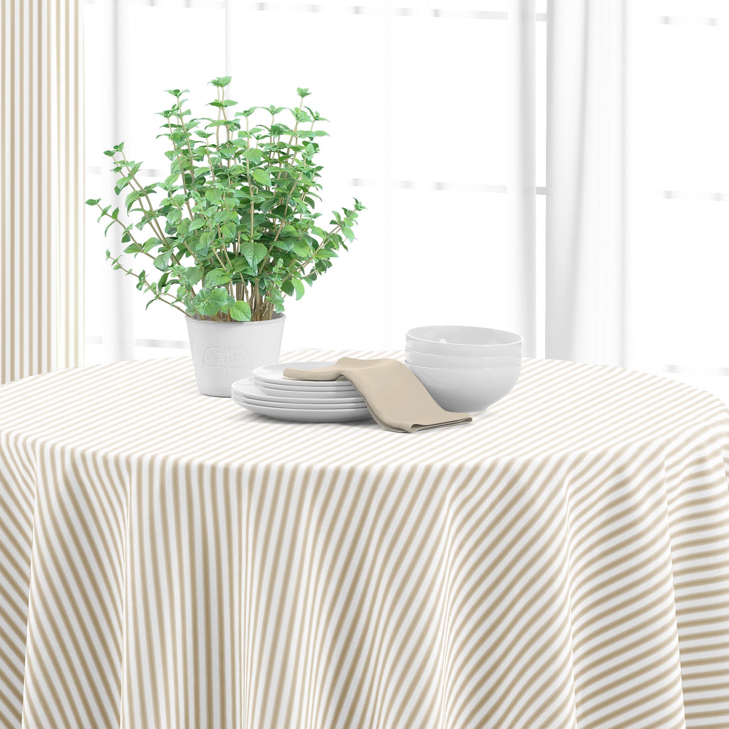 Round Tablecloth in Farmhouse Sand Beige Traditional Ticking Stripe