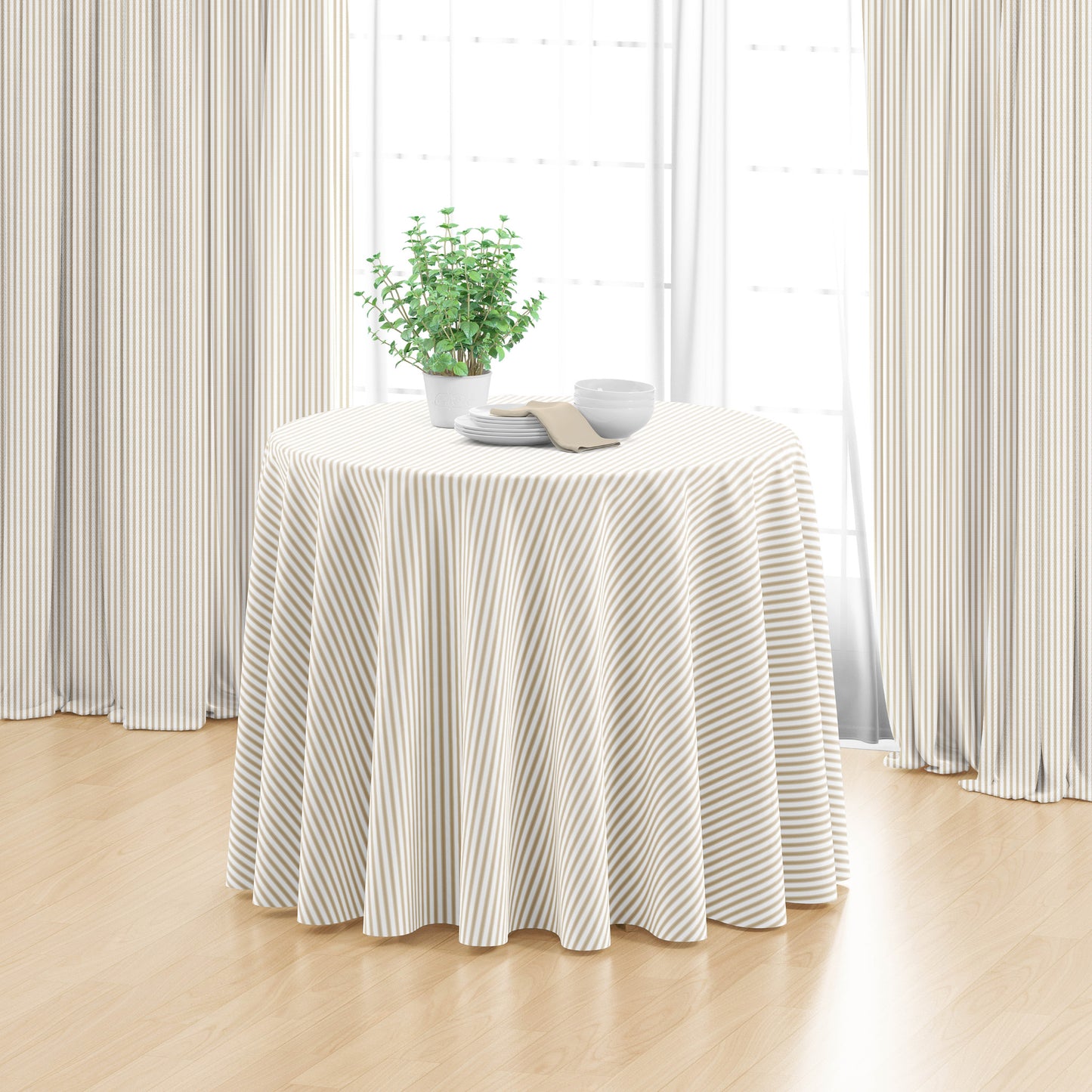 Round Tablecloth in Farmhouse Sand Beige Traditional Ticking Stripe