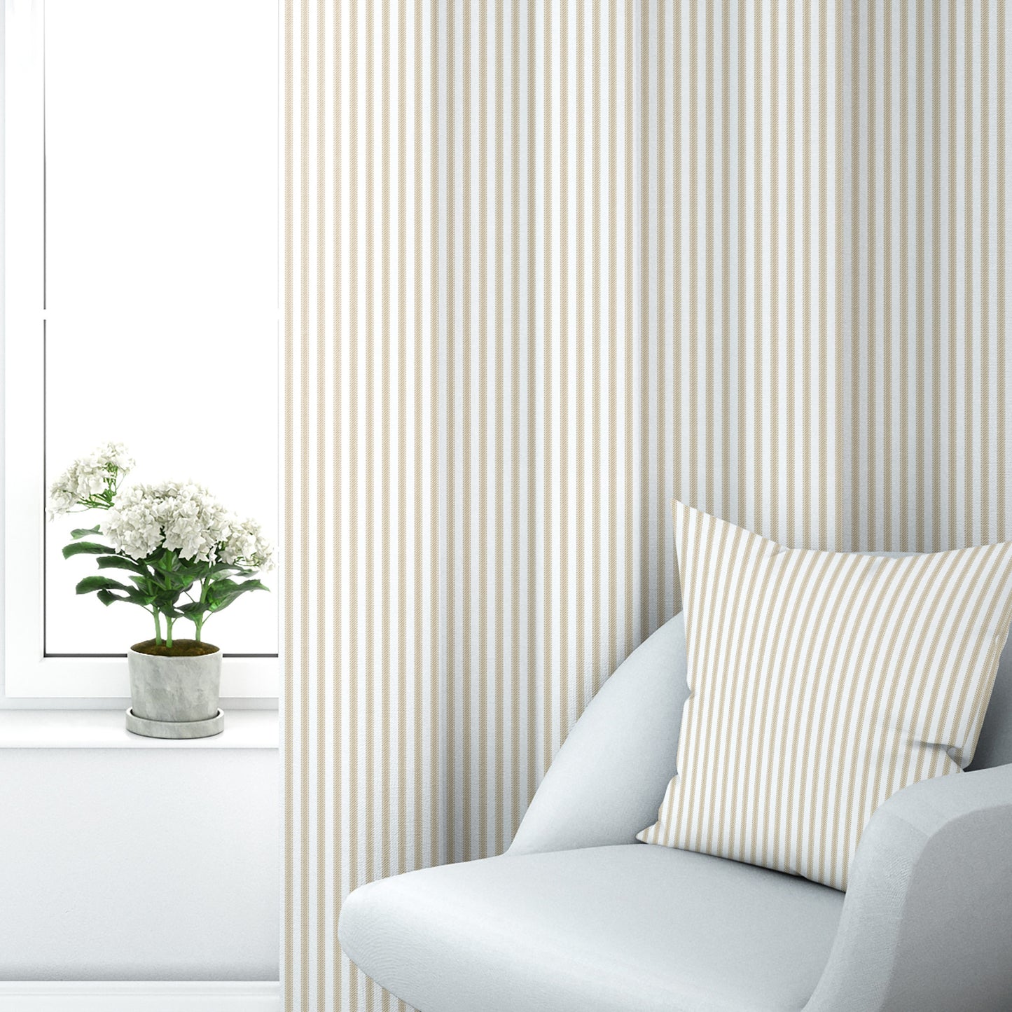 Tab Top Curtains in Berlin Sand Beige Ticking Stripe