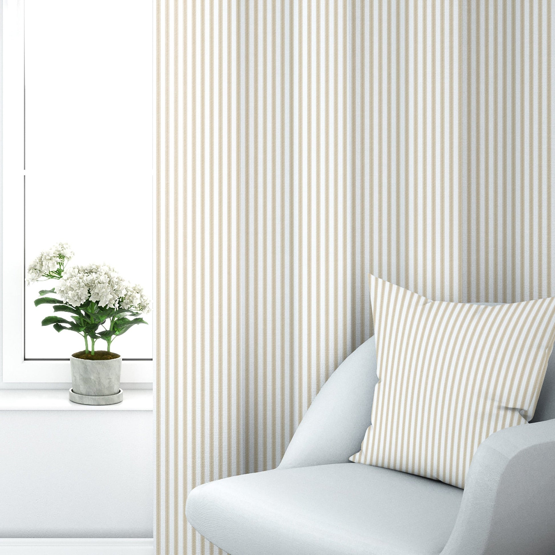 Back Tab Curtain Panels Pairs in Berlin Sand Beige Ticking Stripe