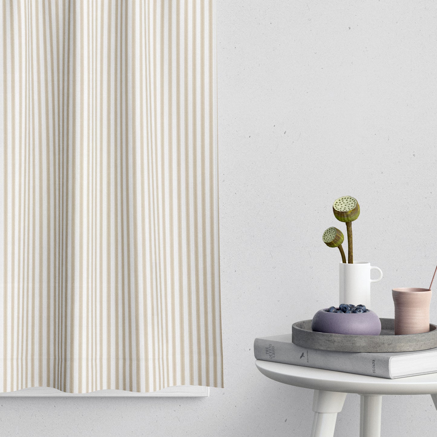 Tailored Tier Curtains in Berlin Sand Beige Ticking Stripe