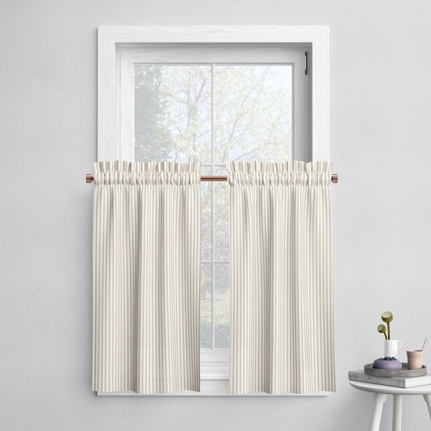 Tailored Tier Curtains in Berlin Sand Beige Ticking Stripe