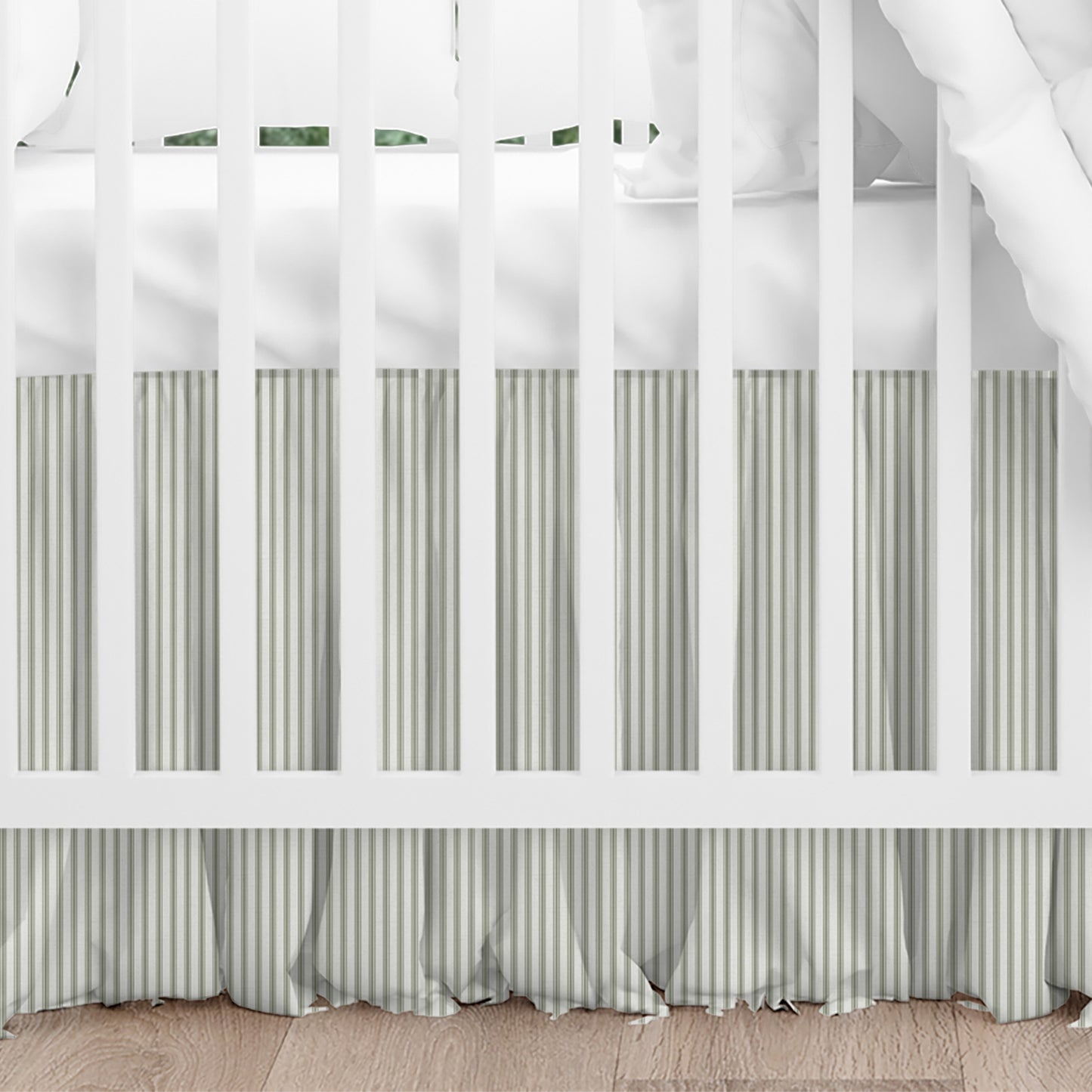 Gathered Crib Skirt in Farmhouse Pale Sage Green Ticking Stripe on Cream