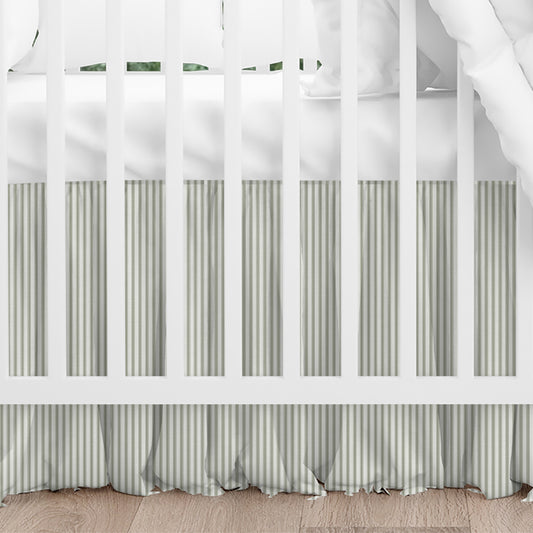 Gathered Crib Skirt in Berlin Spa Green Ticking Stripe on Cream