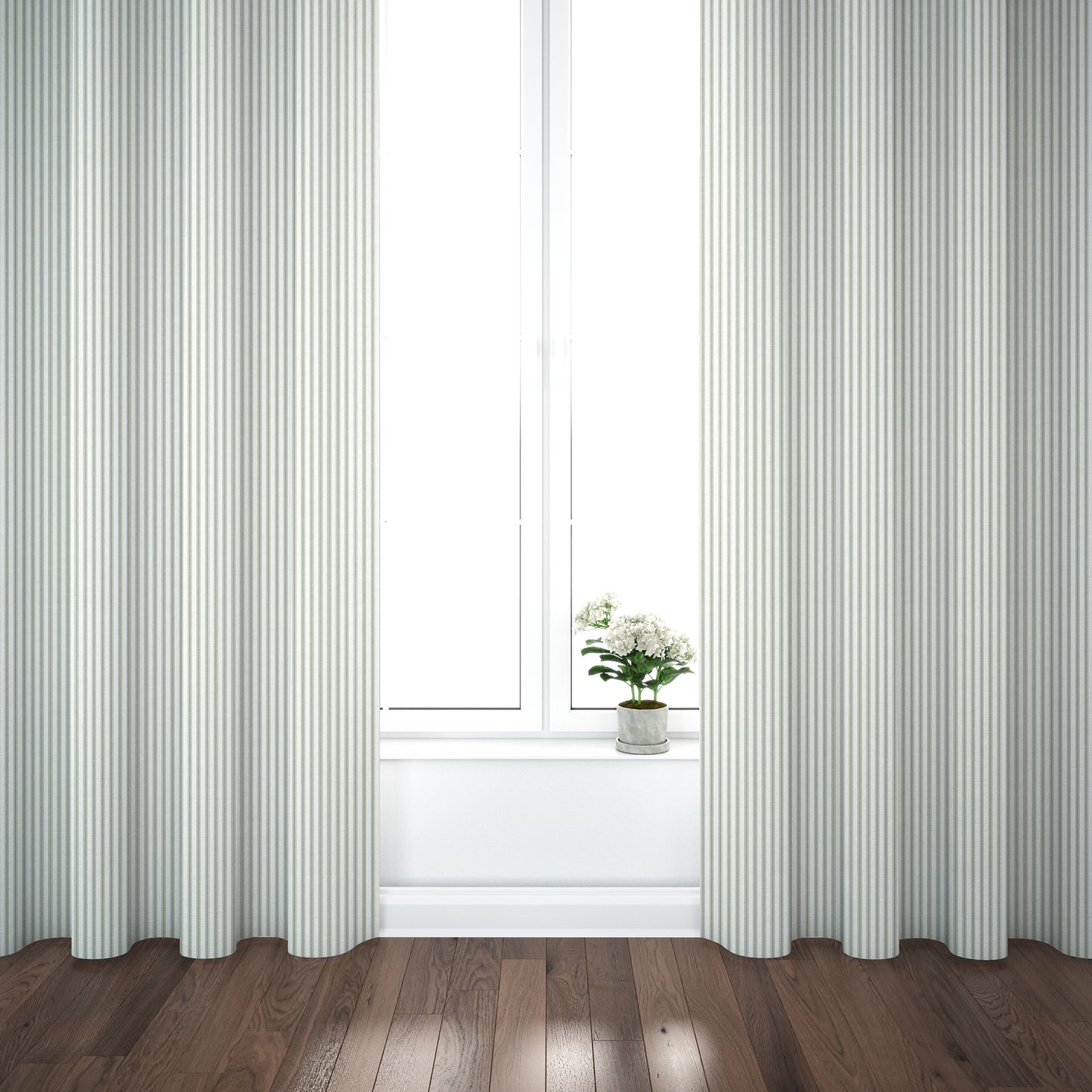 Pinch Pleated Curtain Panels Pair in Farmhouse Pale Sage Green Ticking Stripe on Cream