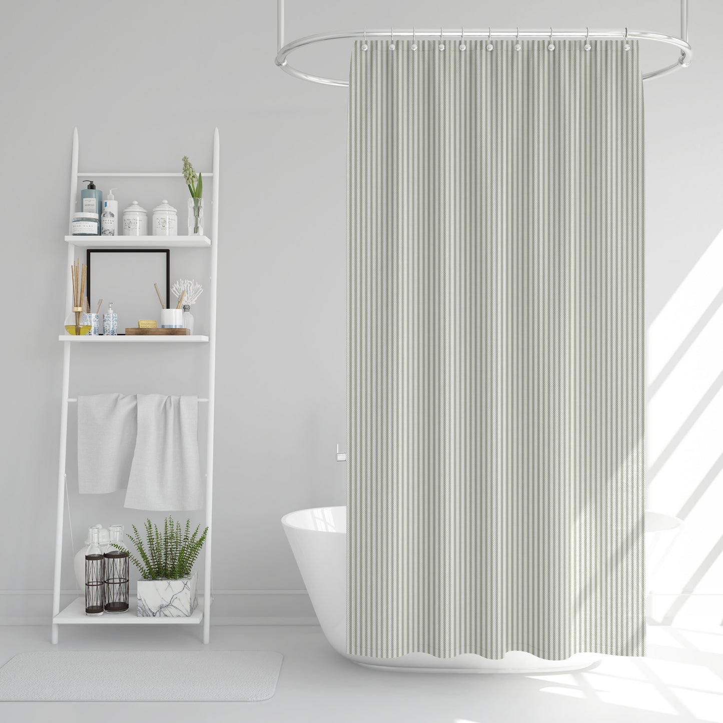 Stall (Narrow) Shower Curtain in Berlin Spa Green Ticking Stripe on Cream