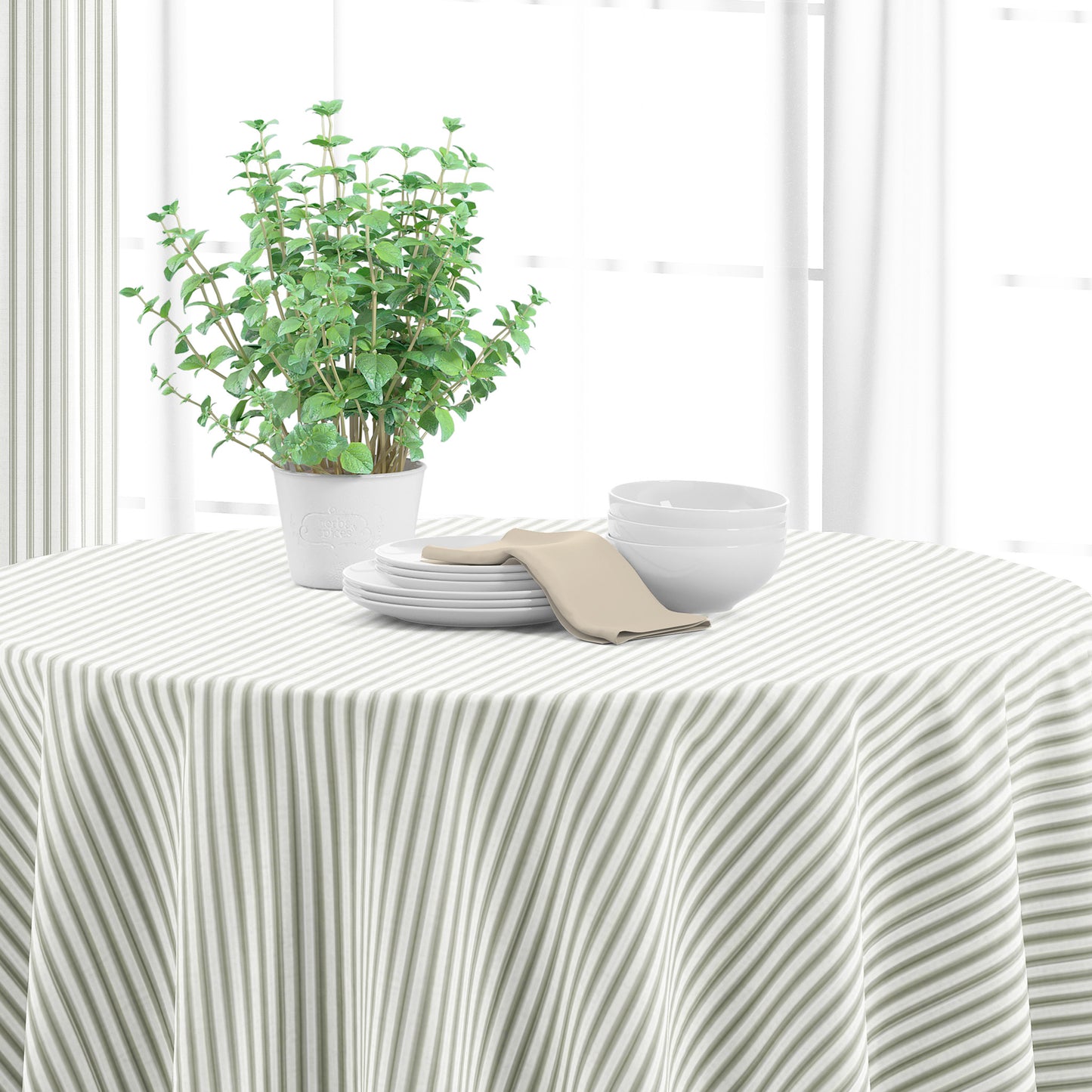 Round Tablecloth in Berlin Spa Green Ticking Stripe on Cream