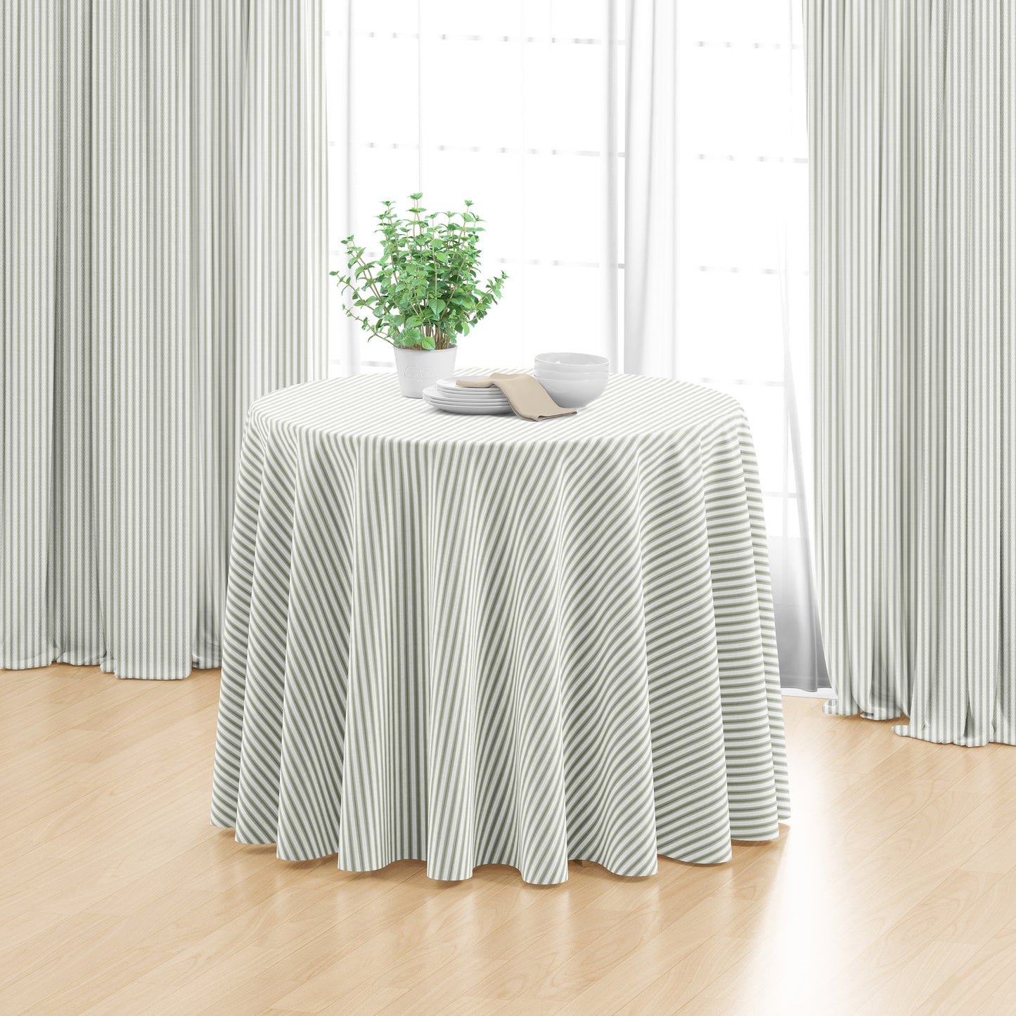 Round Tablecloth in Berlin Spa Green Ticking Stripe on Cream