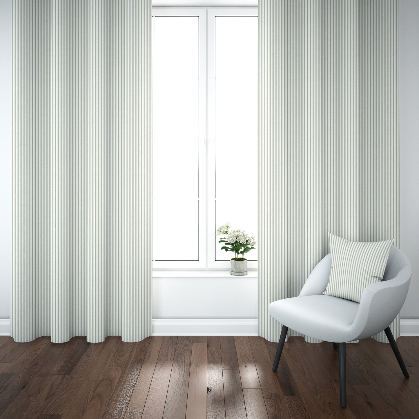 Tab Top Curtain Panels Pair in Berlin Spa Green Ticking Stripe on Cream