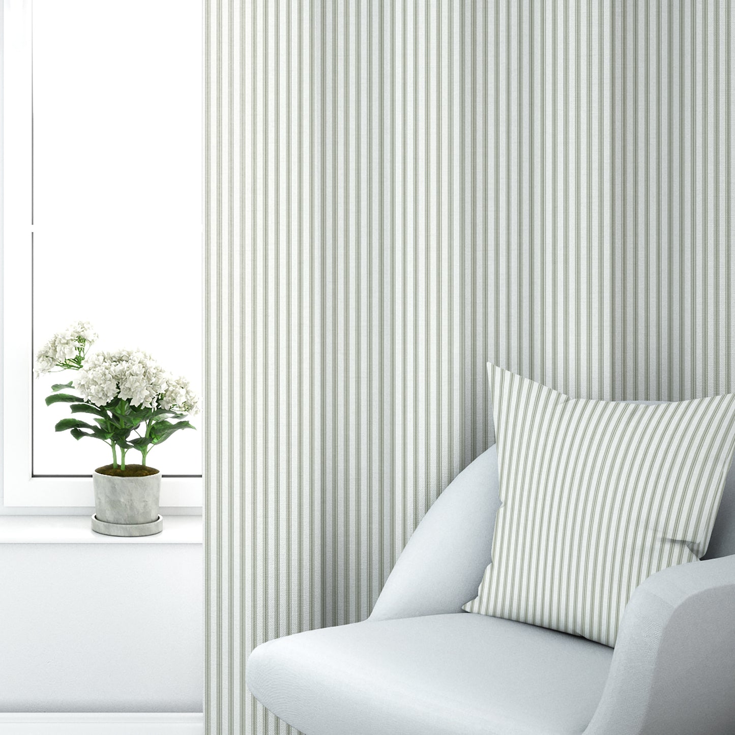 Tab Top Curtain Panels Pair in Berlin Spa Green Ticking Stripe on Cream