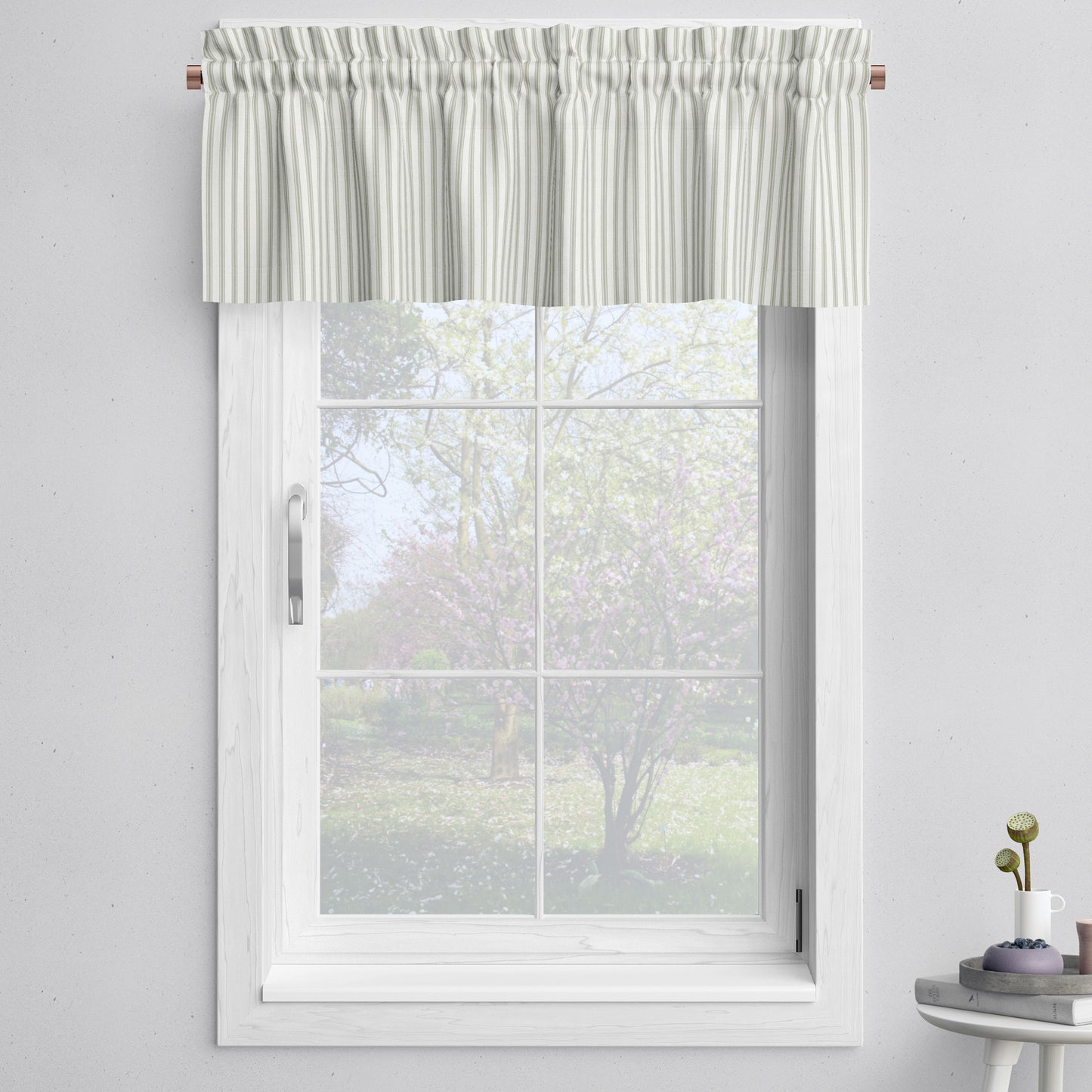 Tailored Valance in Berlin Spa Green Ticking Stripe on Cream