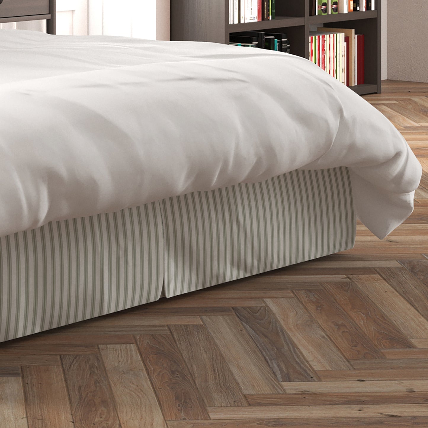 Tailored Bedskirt in Berlin Spa Green Ticking Stripe on Cream