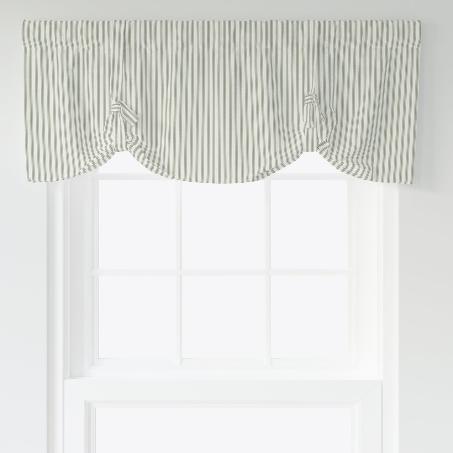 Tie-up Valance in Farmhouse Pale Sage Green Ticking Stripe on Cream