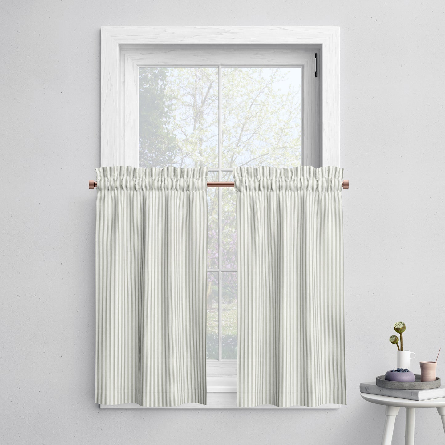 Tailored Tier Cafe Curtain Panels Pair in Berlin Spa Green Ticking Stripe on Cream