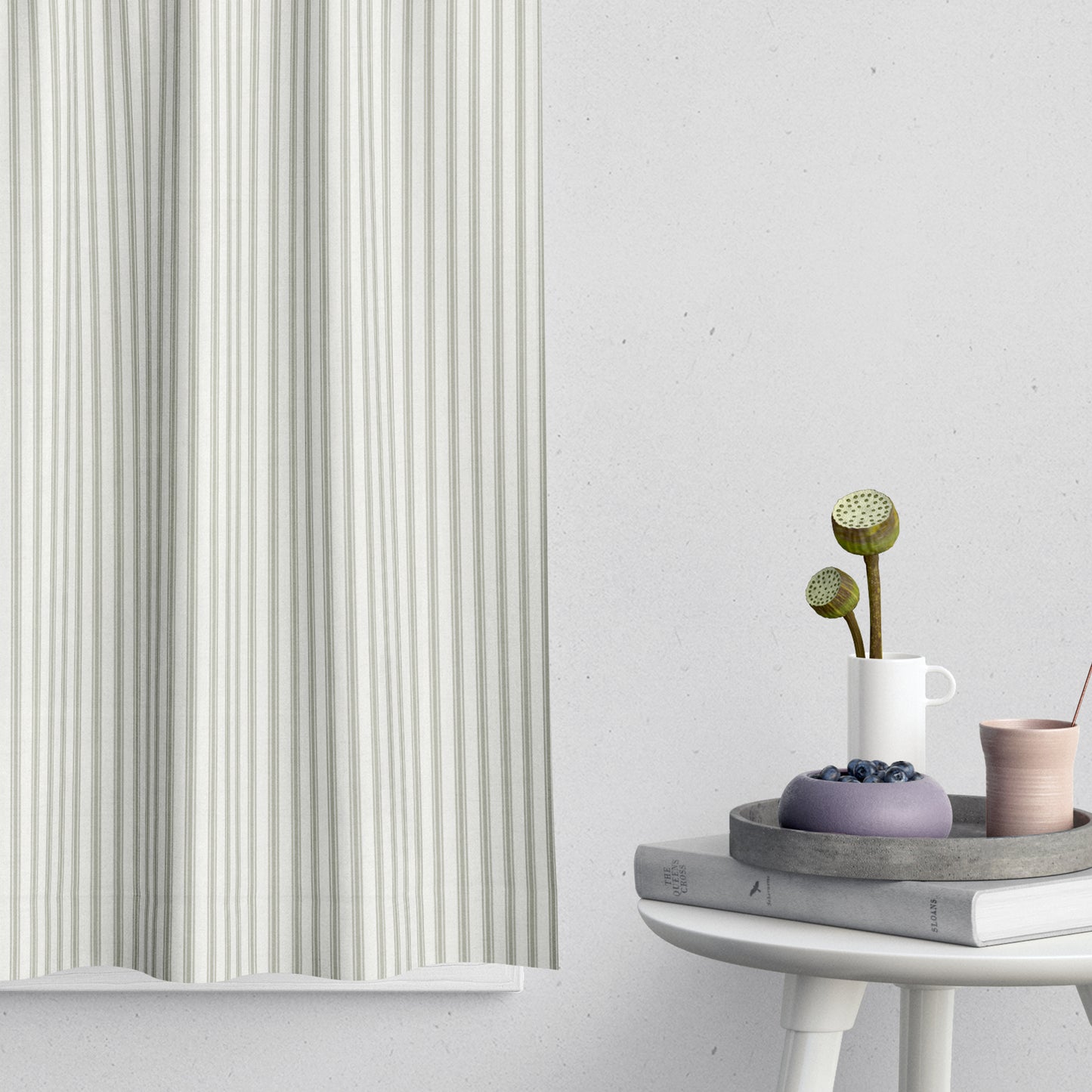 Tailored Tier Cafe Curtain Panels Pair in Farmhouse Pale Sage Green Ticking Stripe on Cream