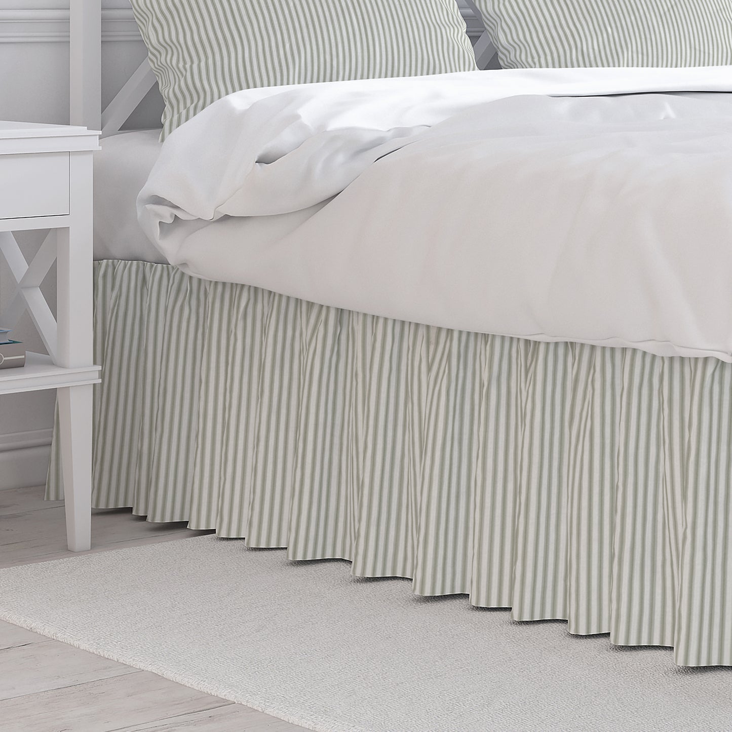 Gathered Bedskirt in Farmhouse Pale Sage Green Ticking Stripe on Cream