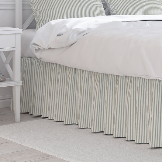 Gathered Bedskirt in Berlin Spa Green Ticking Stripe on Cream