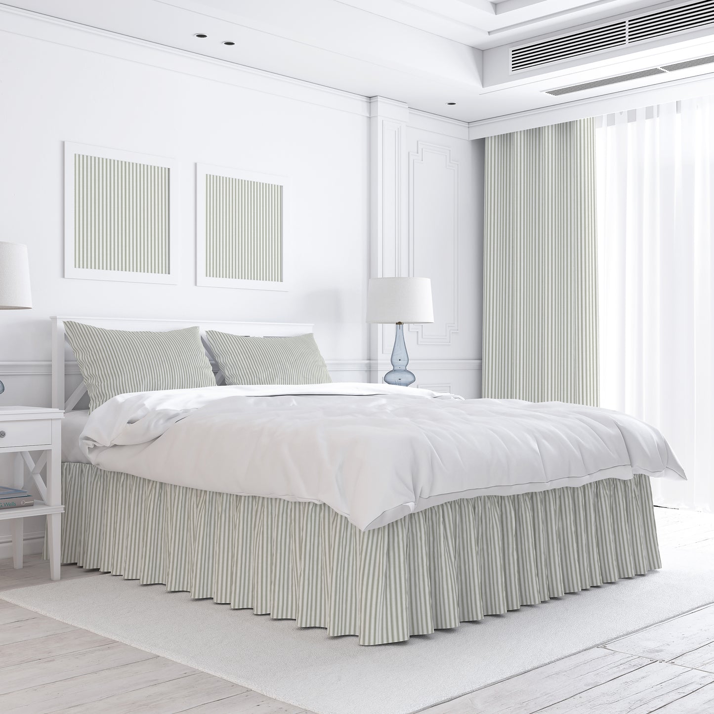 Gathered Bedskirt in Berlin Spa Green Ticking Stripe on Cream