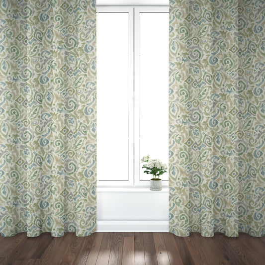 Pinch Pleated Curtain Panels Pair in Jester Bay Green Paisley Watercolor