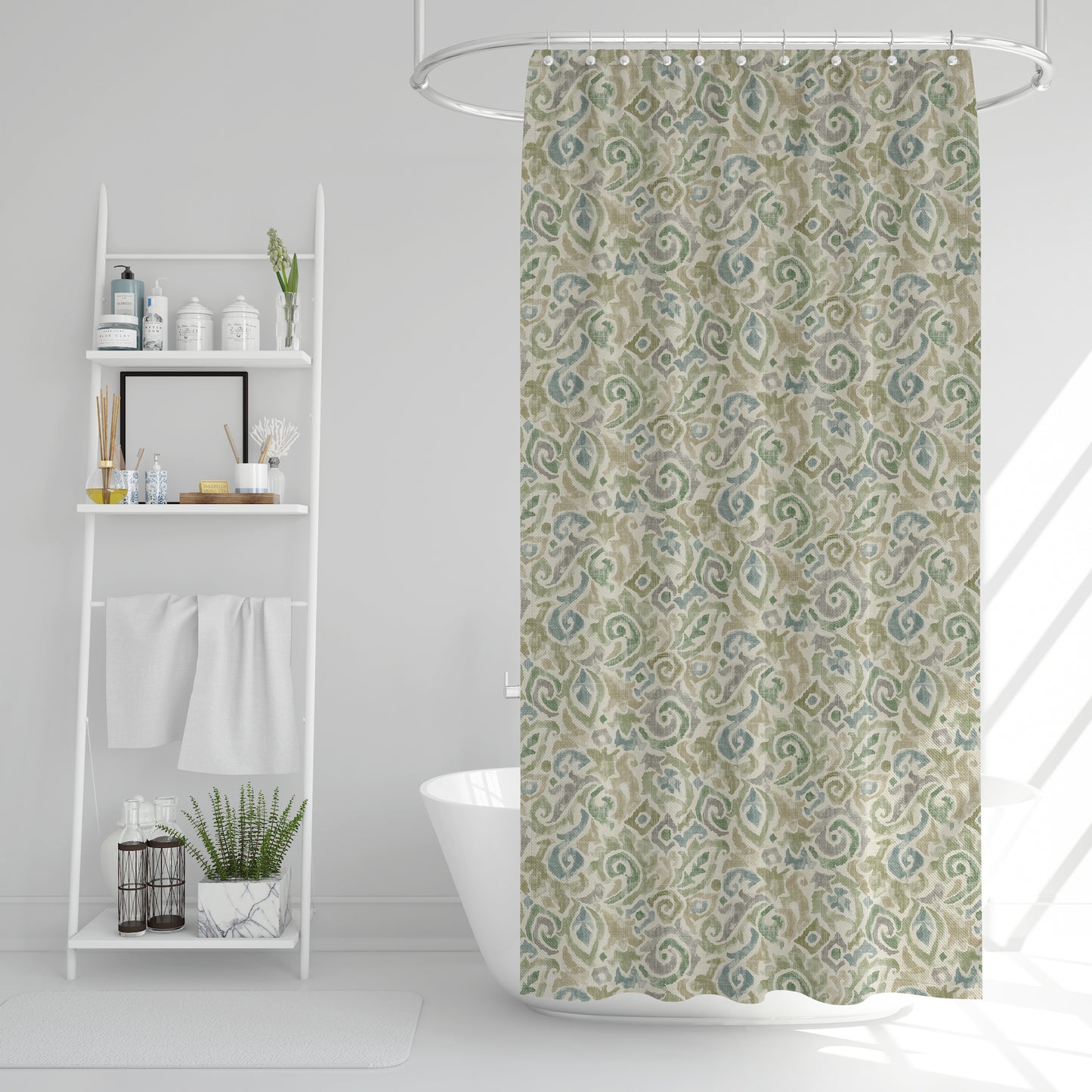 Shower Curtain in Jester Bay Green Paisley Watercolor