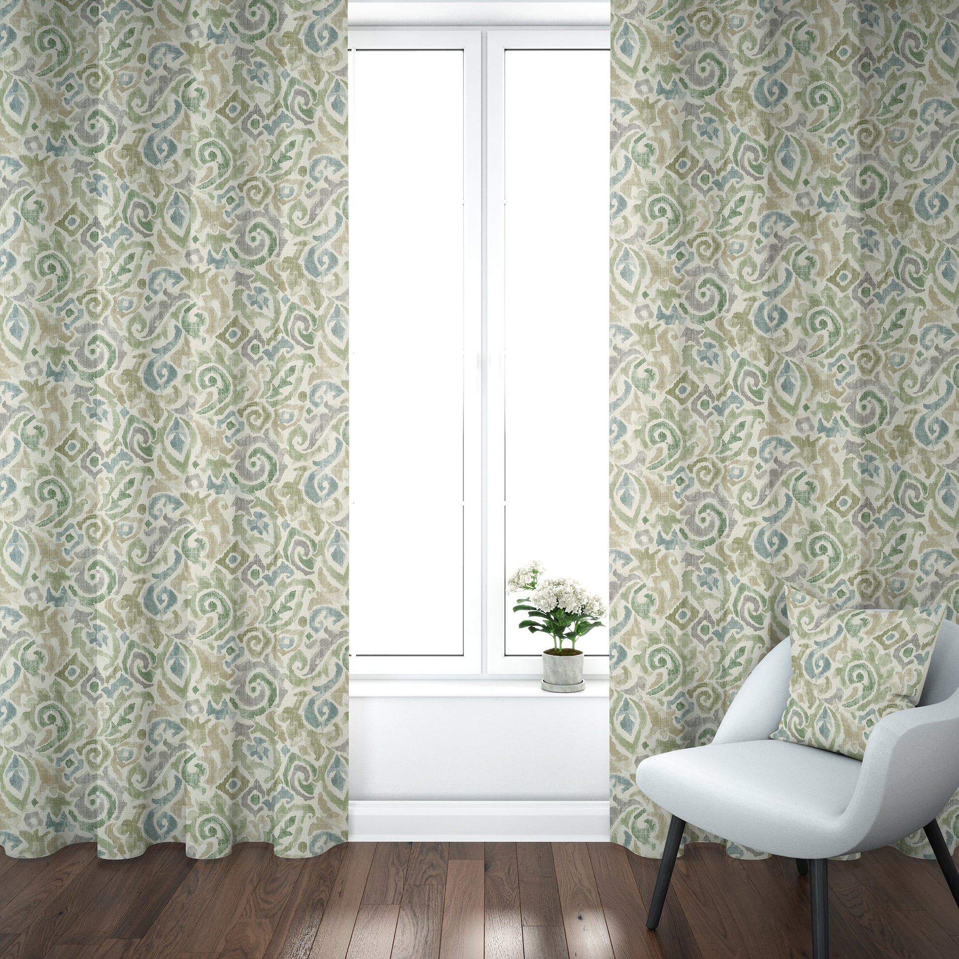 Back Tab Curtain Panels Pair in Jester Bay Green Paisley Watercolor