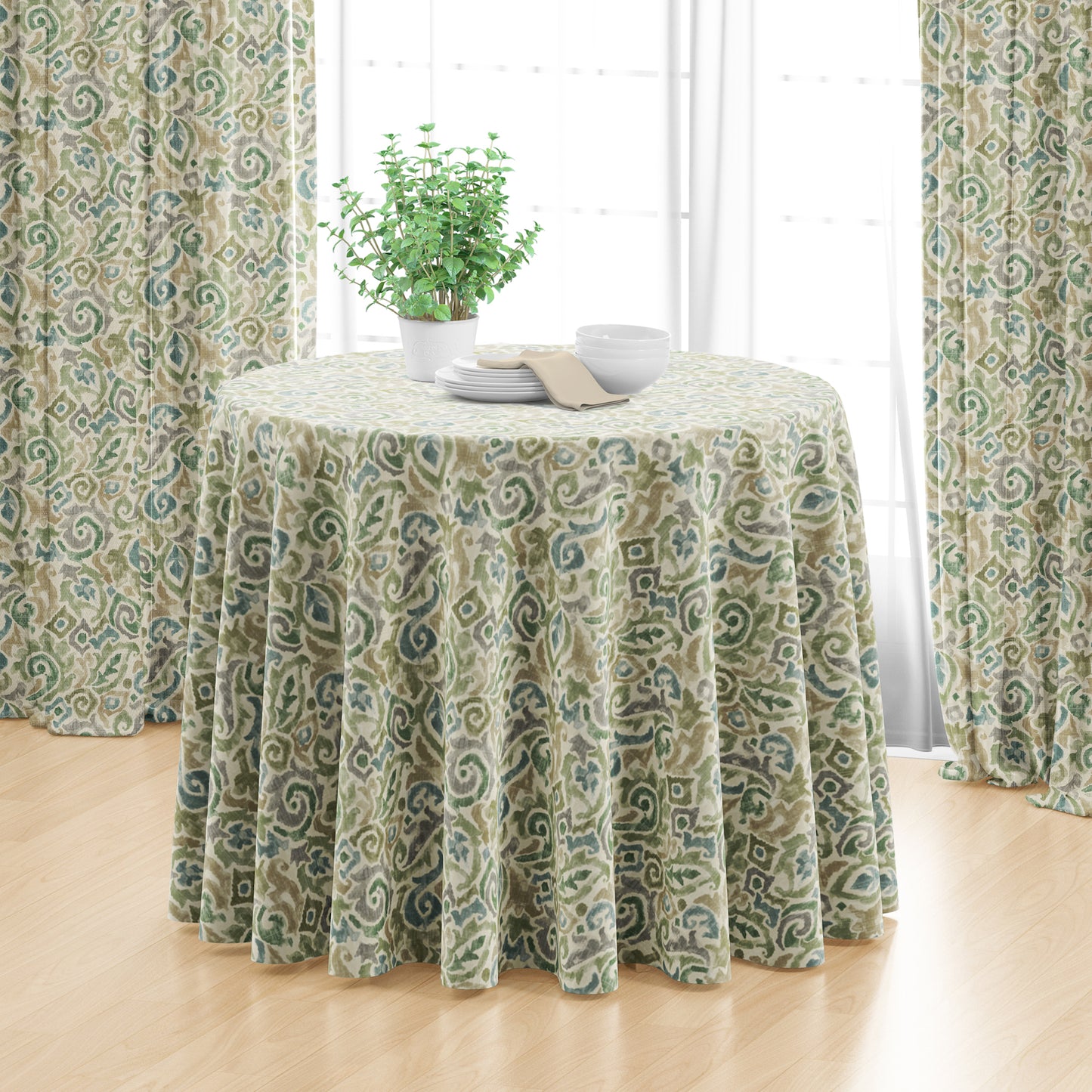 Round Tablecloth in Jester Bay Green Paisley Watercolor