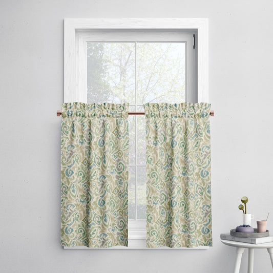 Tailored Tier Cafe Curtain Panels Pair in Jester Bay Green Paisley Watercolor