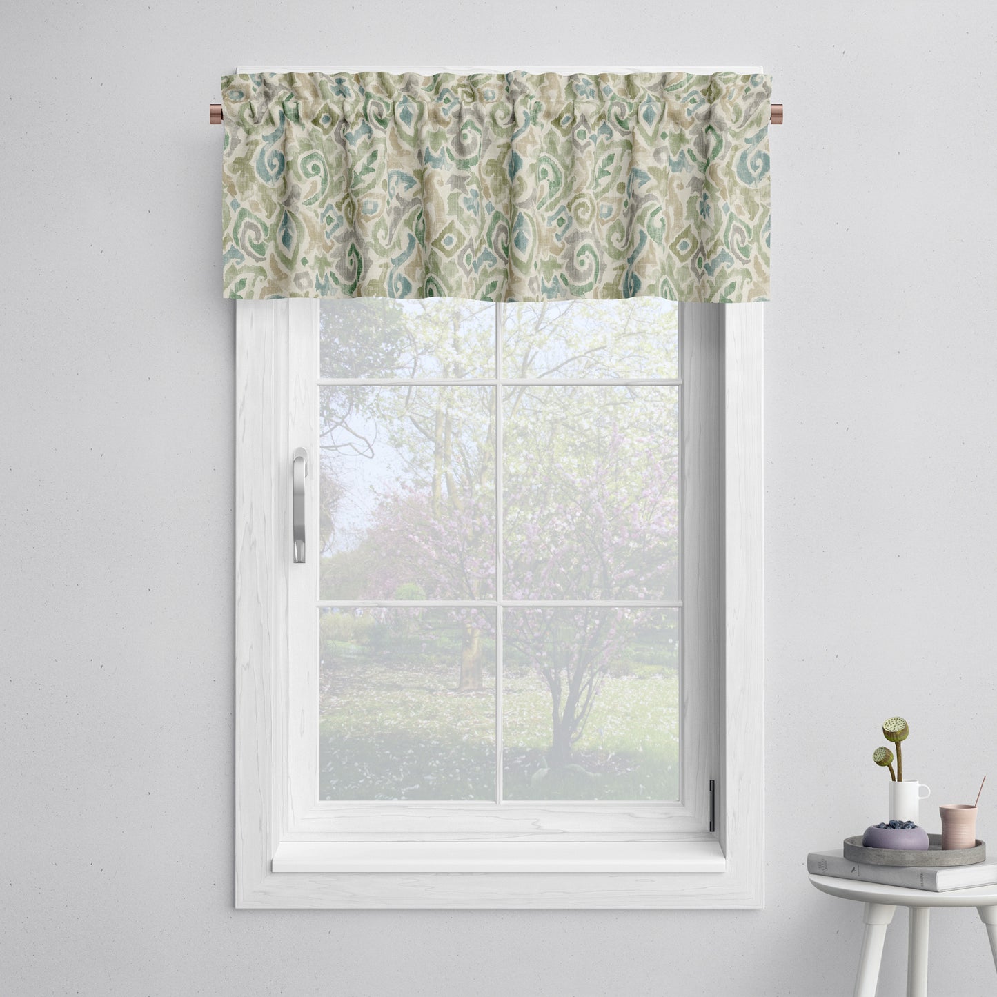 Tailored Valance in Jester Bay Green Paisley Watercolor