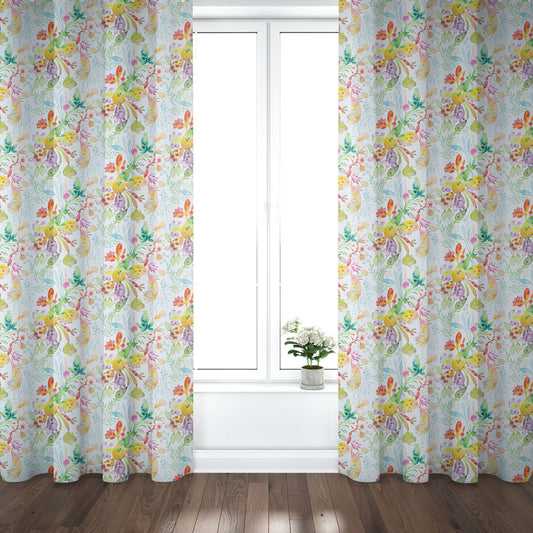 Pinch Pleated Curtain Panels Pair in Kowtow Multi-Color Bright Abstract Watercolor- Blue, Green, Yellow, Pink