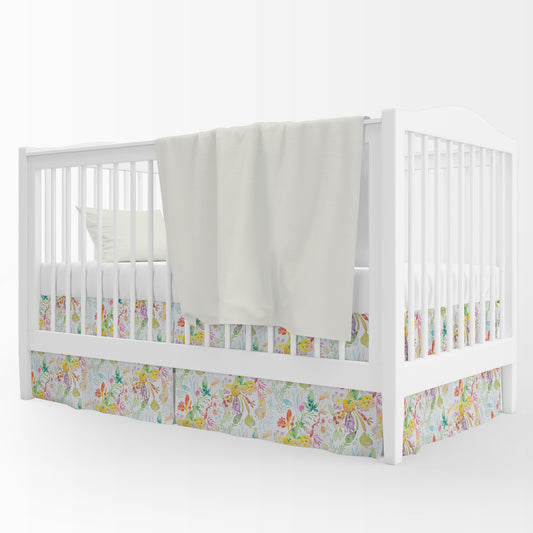 Tailored Crib Skirt in Kowtow Multi-Color Bright Abstract Watercolor- Blue, Green, Yellow, Pink