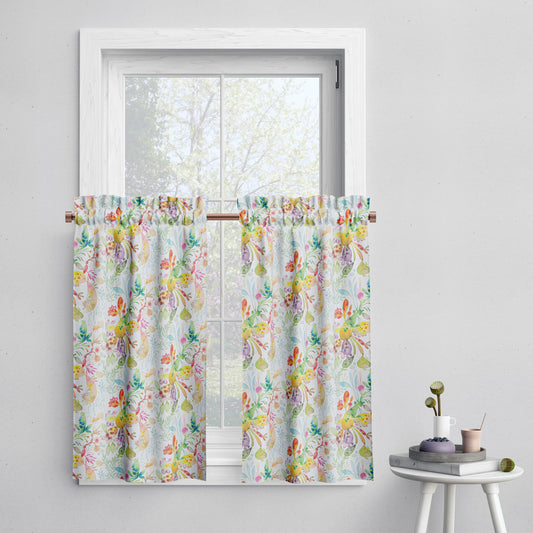 Tailored Tier Cafe Curtain Panels Pair in Kowtow Multi-Color Bright Abstract Watercolor- Blue, Green, Yellow, Pink