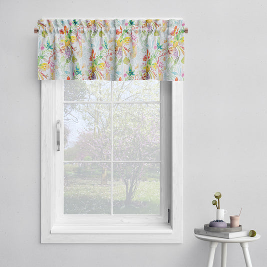 Tailored Valance in Kowtow Multi-Color Bright Abstract Watercolor- Blue, Green, Yellow, Pink